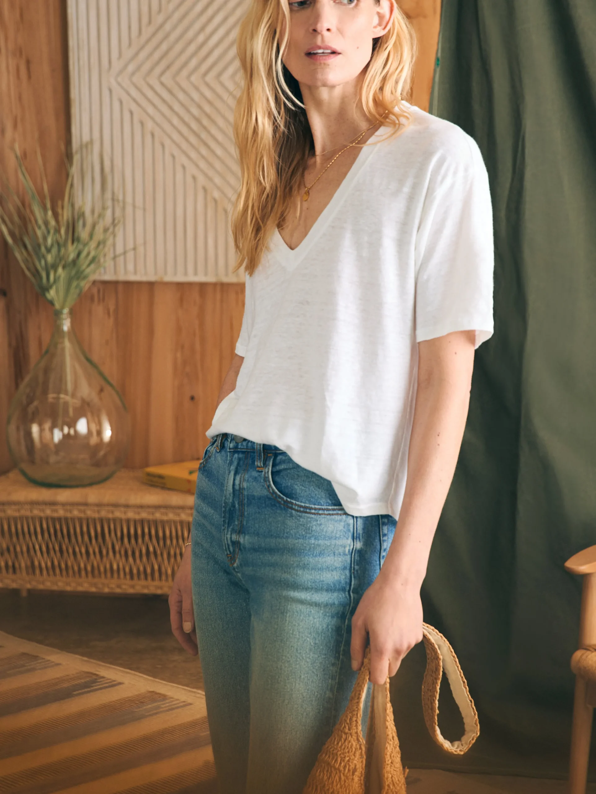 Faherty Brand Oceanside Linen V-Neck Tee -^Women T-Shirts